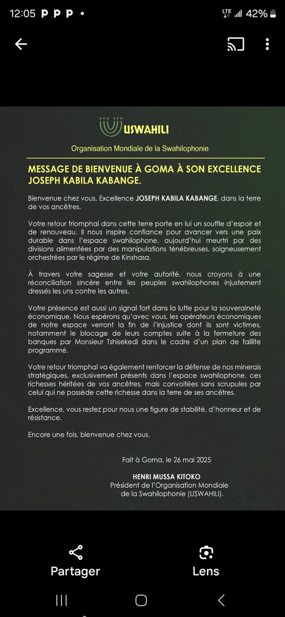 KitokoMussa's tweet photo. #RDC: Bienvenue chez vous, Excellence Joseph Kabila Kabange, dans la terre de vos ancêtres. (COMMUNIQUE USWAHILI) https://t.co/2Voa4kchAi