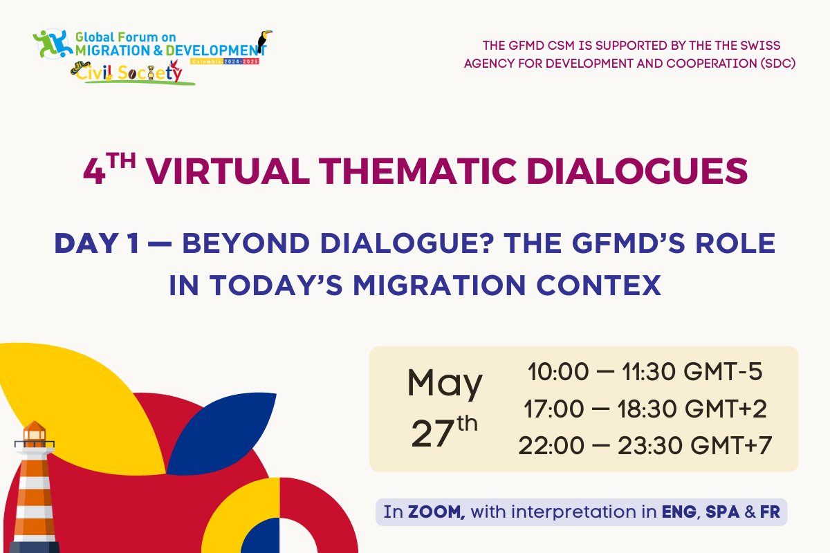 📢 Join us tomorrow for Day 1 of the CS Thematic Dialogues on the <a href="/GFMDprocess/">GFMD</a>

Day 1: What role should the GFMD play in today’s migration context?

🔹9 AM GMT+2 🔗 bit.ly/CS-4TD-27-AM
🔸5 PM GMT+2 🔗 bit.ly/CS-4TD-27-PM

🌍 Interpretation in ENG, ESP &amp; FR