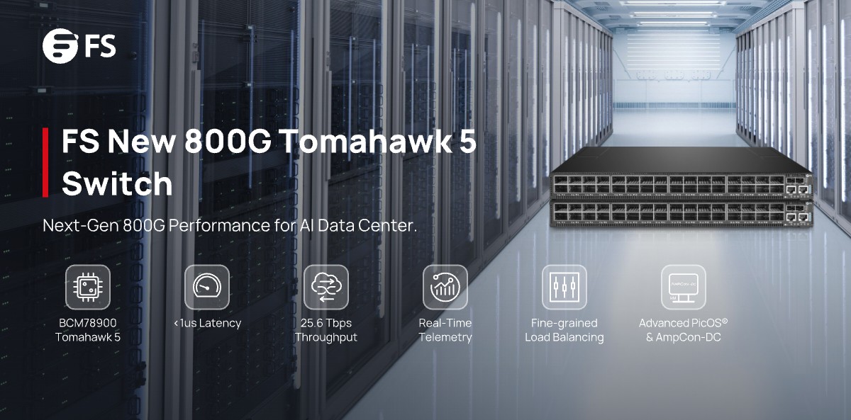 FScom_Singapore's tweet image. Introducing the FS N8650-32OD — a next-gen #800G switch powered by Broadcom Tomahawk 5, ultra-low latency and 25.6T throughput, designed for #AI data center leaf/spine, data center fabric leaf/spine/super spine.
🔗 Learn more: fs.com/sg/products/30…
#DataCenterNetworking
