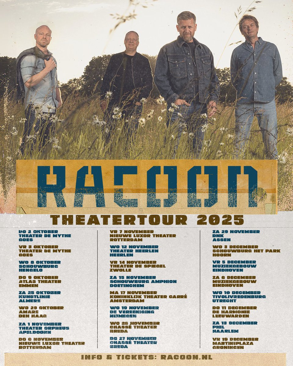 Afgelopen zaterdag sloot <a href="/racoonband/">Racoon</a> hun 2025 Tour af met twee uitverkochte shows in AFAS Live. De band is in topvorm, en die vorm zetten ze graag door in het najaar met hun nieuwe theatertour. Kijk voor meer informatie en alle ticketlinks op racoon.nl