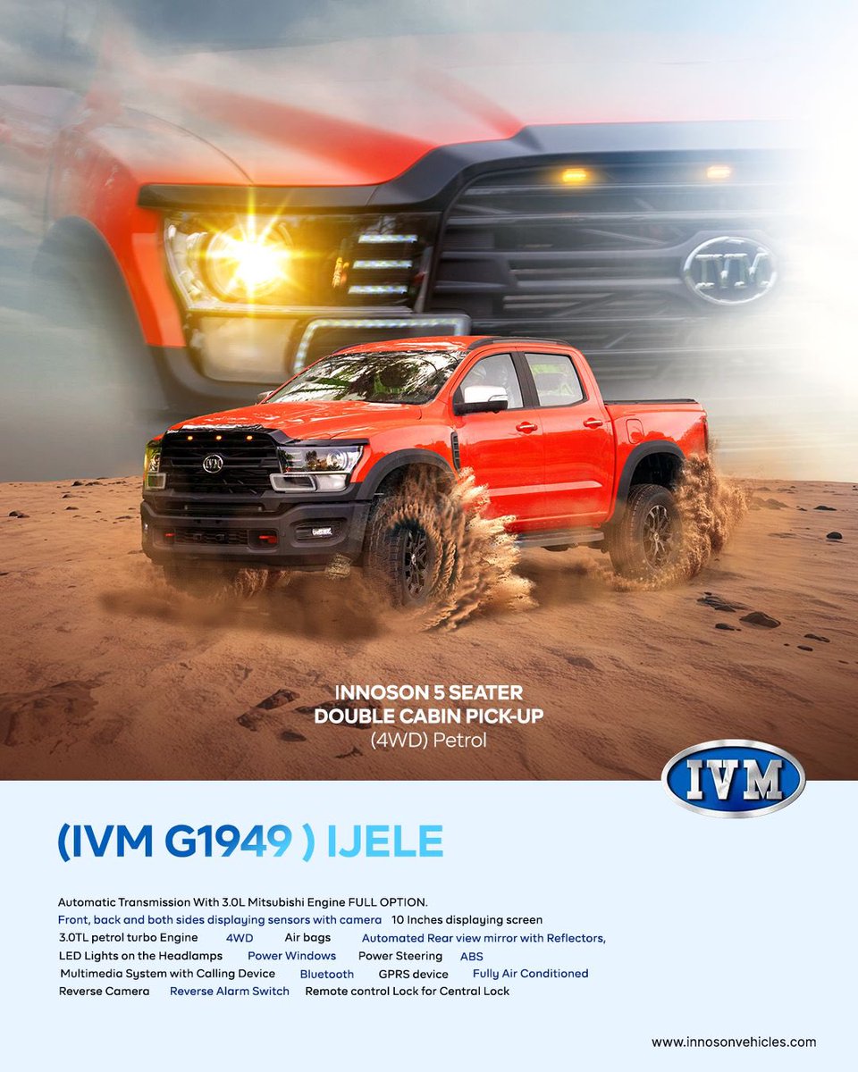 Conquer Every Road with ljele.
Power, style, and strength — the Innoson IVM G1949.

#IVMIjele #RideWithPower #InnosonVehicles