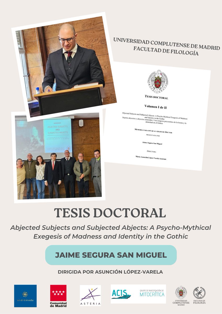 🎓 Presentamos la tesis doctoral de Jaime Segura San Miguel 🎓
Una investigación que invita a repensar la locura más allá del diagnóstico, entendiendo su dimensión sociocultural y simbólica.
Más info: acisgalatea.com/tesis-doctoral…

#TesisDoctoral #ProyectoAndromeda #UCM #Mitocrítica