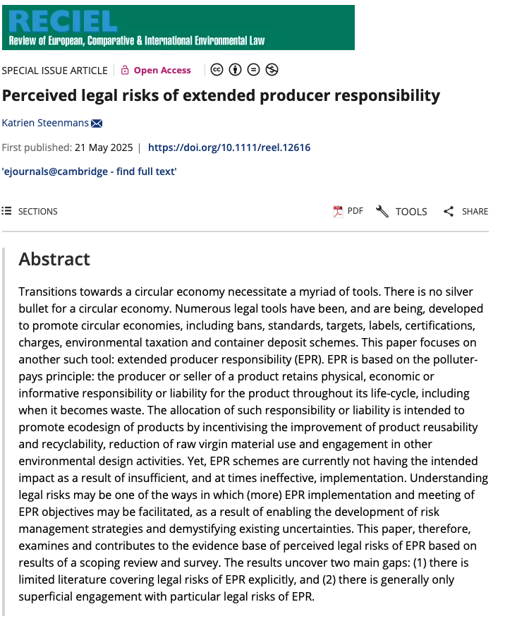 RECIELjournal's tweet image. New in @RECIELjournal: What legal risks are stalling Extended Producer Responsibility (EPR)? Katrien Steenmans (@steens88) maps key gaps in law + practice for circular economies.

Available #OpenAccess: doi.org/10.1111/reel.1…

#CircularEconomy #EPR #WasteLaw #RECIEL