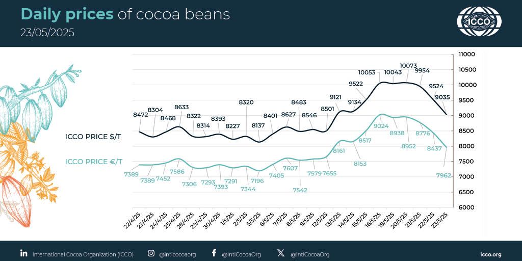 International Cocoa Organization (ICCO) (@intlcocoaorg) on Twitter photo 🔴 23/05/2025 #Cocoa Daily Prices - Prix du jour - Precios diarios - Ежедневные цены
 
💵 ICCO daily price - 9035.49 $/T
💶 ICCO daily price - 7961.62 €/T
 
More #cocoa statistical info in our webpage 🔗 buff.ly/lKFtzFk
#ICCOCocoaHub #ICCOCocoaData #ICCOCocoaKnowledge 🔴 23/05/2025 #Cocoa Daily Prices - Prix du jour - Precios diarios - Ежедневные цены
 
💵 ICCO daily price - 9035.49 $/T
💶 ICCO daily price - 7961.62 €/T
 
More #cocoa statistical info in our webpage 🔗 buff.ly/lKFtzFk
#ICCOCocoaHub #ICCOCocoaData #ICCOCocoaKnowledge