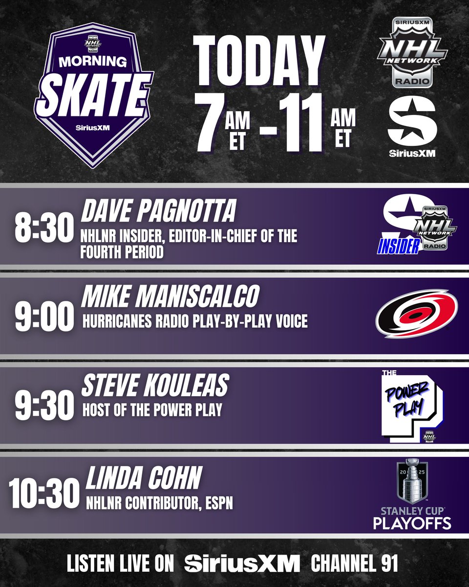 SiriusXM NHL Network Radio (@siriusxmnhl) on Twitter photo NHL Morning Skate is LIVE 7AM-11AM ET!
7-8 Tour Around The NHL with <a href="/LaughlinSXM/">Scott Laughlin</a> &
<a href="/tylermadarasz47/">Tyler Madaraszā¢</a>
8-10 <a href="/LaughlinSXM/">Scott Laughlin</a> & <a href="/GordStellick/">Gord Stellick</a>
10-11 <a href="/GordStellick/">Gord Stellick</a> & <a href="/CarterHutton4/">Carter Hutton</a>
#StanleyCup
š§SiriusXM.ca/NHLLive/ NHL Morning Skate is LIVE 7AM-11AM ET!
7-8 Tour Around The NHL with <a href="/LaughlinSXM/">Scott Laughlin</a> &
<a href="/tylermadarasz47/">Tyler Madaraszā¢</a>
8-10 <a href="/LaughlinSXM/">Scott Laughlin</a> & <a href="/GordStellick/">Gord Stellick</a>
10-11 <a href="/GordStellick/">Gord Stellick</a> & <a href="/CarterHutton4/">Carter Hutton</a>
#StanleyCup
š§SiriusXM.ca/NHLLive/
