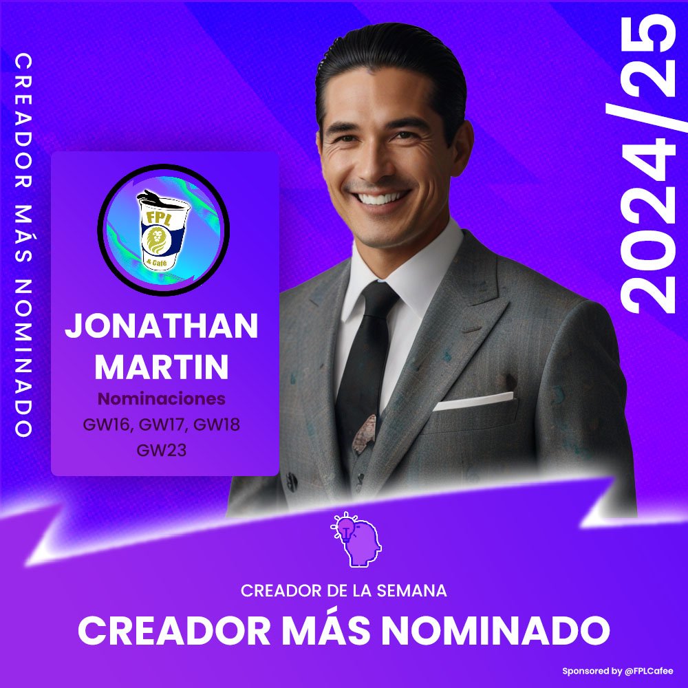 <a href="/FrankAEspinosa1/">Frank A Espinosa</a> <a href="/ElProfeFPL/">El Profe FPL (Martín) 🇨🇴</a> <a href="/FPLPaz/">FPL PAZ</a> <a href="/fpl_rock/">FPL_Rock</a> <a href="/Renier_FPL/">Renier Garcia Aragon</a> <a href="/YosielFPL/">FPL☞¥✪$i€£☜⁠</a> <a href="/FFC_FPL/">Fantasy Fútbol Cuba(FFC) 🎙️</a> <a href="/BenditoFantasy/">Bendito Fantasy</a> <a href="/FantasyUruguay/">FantasyUruguay</a> <a href="/Fpl_Dicas1/">FPL DICAS</a> <a href="/CarlosViloria10/">Carlos Viloria⚡</a> #LigaCreadores 

#Premios 🤩

#CreadorMasNominado

🏅 <a href="/FPLCafee/">FPL & Café ☕ (Jonathan) 🇵🇪🇯🇵</a> 🇵🇪
Es el creador con más nominaciones de la temporada (4) incluído un triplete (3 jornadas seguidas)

FELICIDADES 👏🏻

#FPL #FPLCommunity