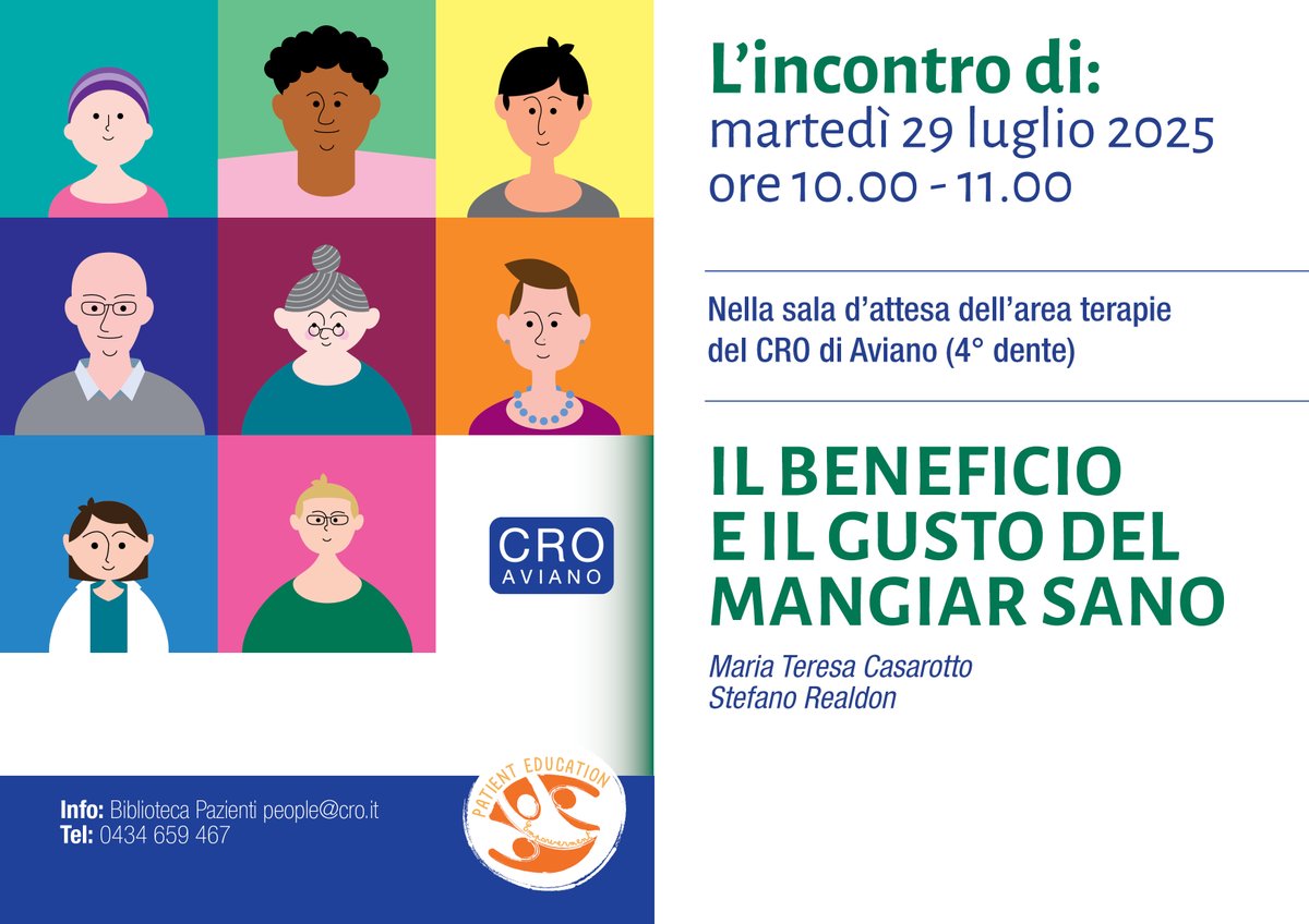 Centro di Riferimento Oncologico (@croaviano) on Twitter photo 📌Martedì 29 luglio, alle 10, con la biologa Mariateresa Casarotto e il dottor Stefano Realdon della Gastroenterologia oncologica e sperimentale CRO parleremo de 'Il beneficio e il gusto del mangiar sano'.
👉 Per informazioni, contatta la Biblioteca (0434 659467, people@cro.it). 📌Martedì 29 luglio, alle 10, con la biologa Mariateresa Casarotto e il dottor Stefano Realdon della Gastroenterologia oncologica e sperimentale CRO parleremo de 'Il beneficio e il gusto del mangiar sano'.
👉 Per informazioni, contatta la Biblioteca (0434 659467, people@cro.it).