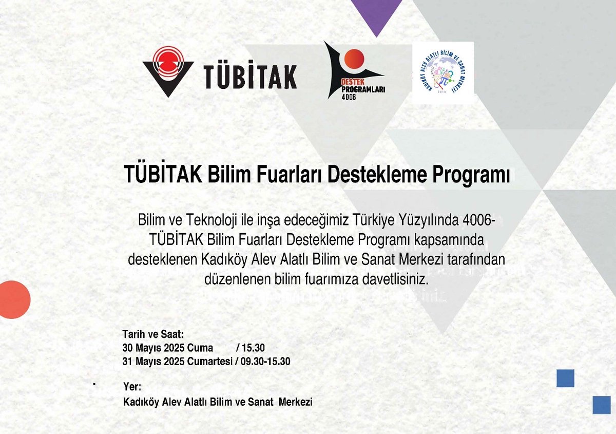 30-31 Mayıs 2025 tarihlerinde 2 gün sürecek olan Tübitak 4006-B Bilim Fuarımızda buluşalım🌿🦋✨
Başta yürütücümüz Çiçek Eylem AVCI’yı, tüm öğretmen ve öğrencilerimizi tebrik ediyoruz💐✨

<a href="/tcmeb/">Millî Eğitim Bakanlığı</a> <a href="/tubitak/">TÜBİTAK</a> @bilsemmeb <a href="/istanbulilmem/">İstanbul İl Millî Eğitim Müdürlüğü</a> <a href="/memkadikoy/">Kadıköy İlçe Millî Eğitim Müdürlüğü</a>