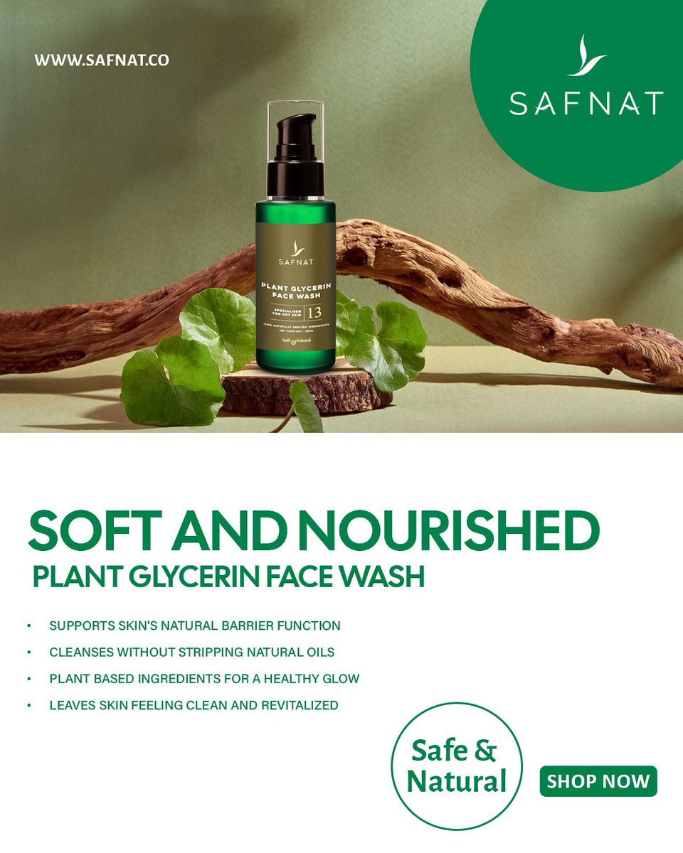 Safnat_co's tweet photo. Experience deep hydration and a soft glow with SafNat's Plant Glycerin Face Wash – where safety meets nature. Made with plant-based glycerin to cleanse, soothe, and nourish – naturally
.
.
.
.
.
.
.
#Safnat #skincare #skincareproducts #glycerin #facewash #CosmeticIngredients https://t.co/JSxDI05SDr