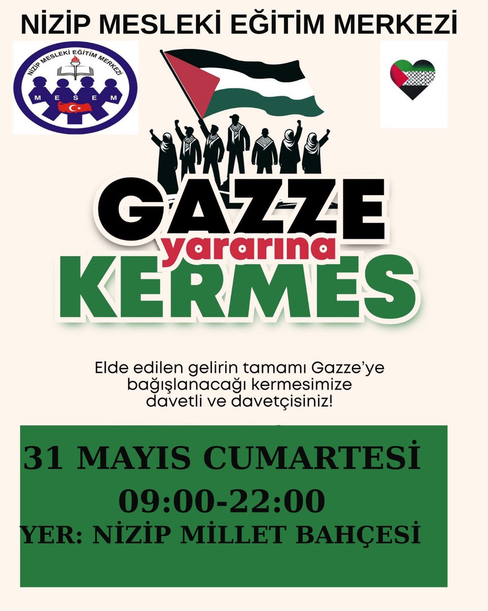 Nizip Hayır Çarşısına Davetlisniz.
31 Mayıs 09.00-22.00
<a href="/NizipilceMEM/">Nizip İlçe Milli Eğitim Müdürlüğü</a>