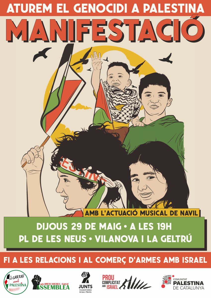 🔴 JA N'HI HA PROU, ATUREM EL GENOCIDI A PALESTINA❗️🌿

⭕️Prou Silencis!
⭕️Prou Complicitat!

⭕️FI AL COMERÇ D'ARMES I A LES RELACIONS AMB ISRAEL❗️

✌️🏾DIJOUS 29  de maig AL GARRAF, TOTHOM A LA MANIFESTACIÓ❗️✊🏾🇵🇸

👉🏾19h Plaça de les NEUS. #VNG

#FreePalestine 
#PalestinaLliure