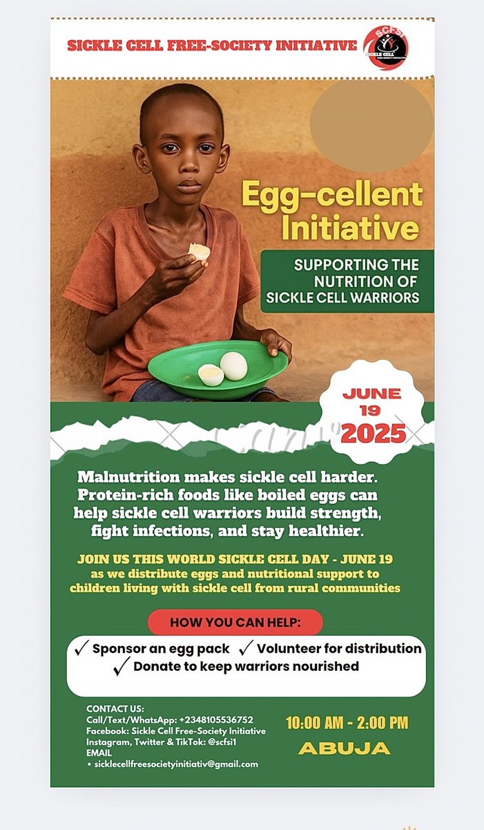 Scfsi1's tweet image. This World Sickle Cell Day (June 19), weโre supporting warriors with sickle cell from rural communities through the Egg-cellent Initiative โ by providing eggs to help them grow stronger.
You can help too!
โ
Sponsor an egg pack
โ
Volunteer for distribution
โ
Donate to nourish.