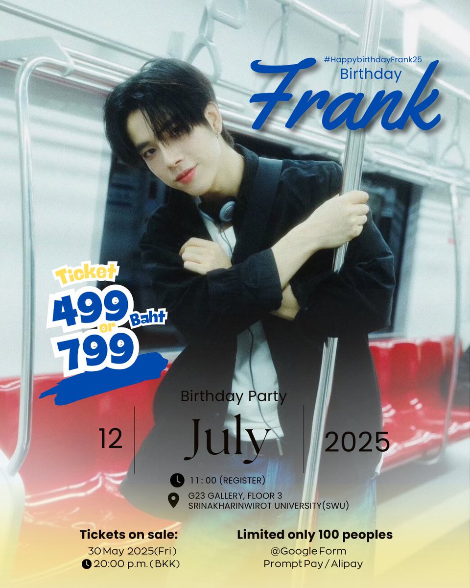 Frank Gallery Birthday 
 “colorfull spring “🍎🌻🎄💐🫐

📆 12.JULY.2025

📍At G23 Gallery, floor 3 (SWU) 
สถาบันวัฒนธรรมและศิลปะ
มหาวิทยาลัยศรีนครินทรวิโรฒ
อาคารหลวงสวัสดิสารศาสตรพุทธิ 
(อาคาร 3)

🚗 Map : maps.app.goo.gl/DmW1Bkd2EimUhd… 

 🎟️ Price : 499.-/799.-
 
👉 avaliable on @