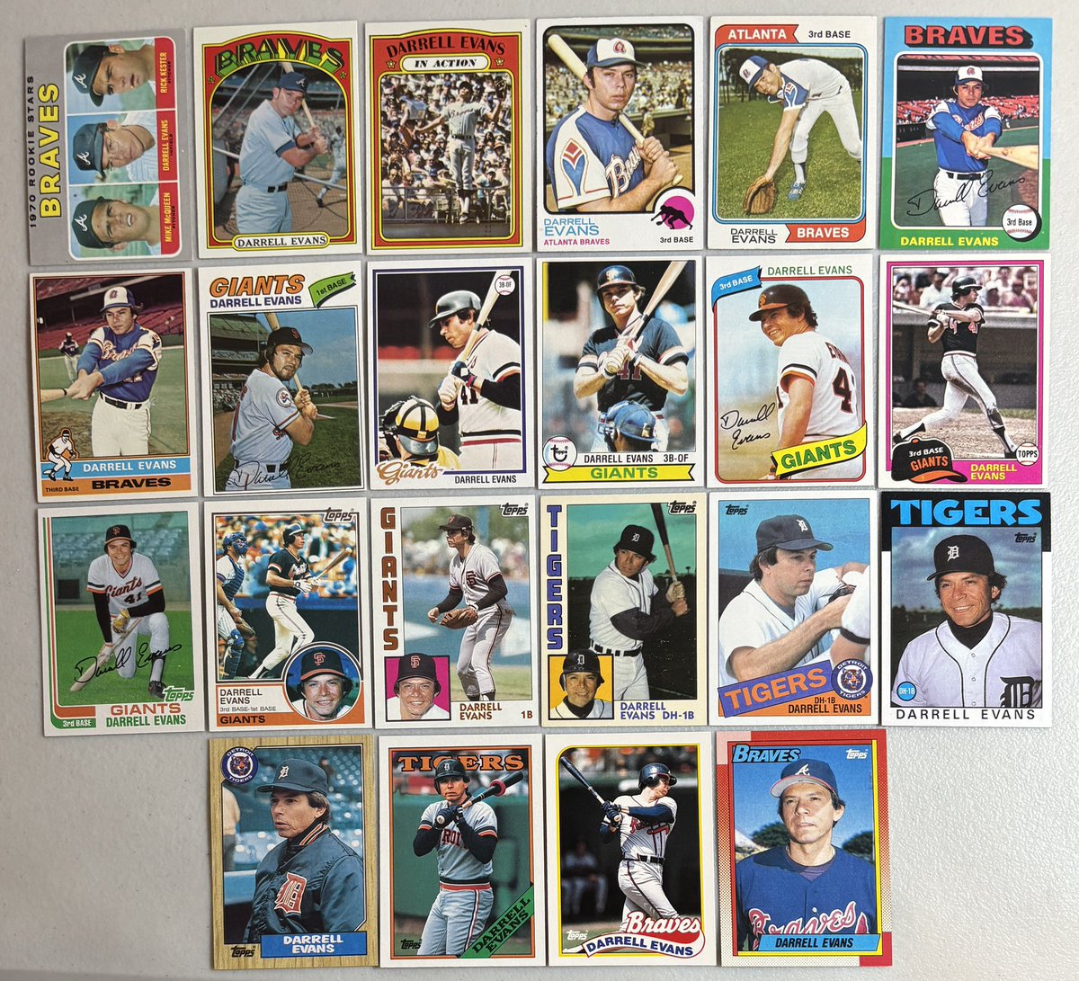 Happy birthday (78) Darrell Evans. The 1984 World Series champ was the first player to have 40 HR seasons in both leagues. He totaled 414 HR &amp; 1,354 RBI in his career. Bill James once called Evans the most underrated MLB player ever. Here is a complete run of his Topps base cards
