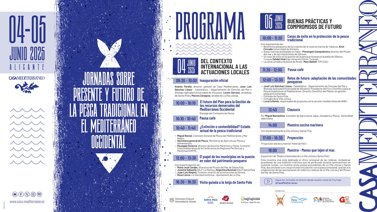 Nueva mirada al mar (@quiquetgrao) on Twitter photo Las jornadas de pesca tradicional que se celebrarán
4 y 5 de junio en casa Mediterráneo. Las jornadas se podrán seguir por
el canal de YouTube de Casa Mediterráneo.
youtube.com/@CasaMediterra… Las jornadas de pesca tradicional que se celebrarán
4 y 5 de junio en casa Mediterráneo. Las jornadas se podrán seguir por
el canal de YouTube de Casa Mediterráneo.
youtube.com/@CasaMediterra…