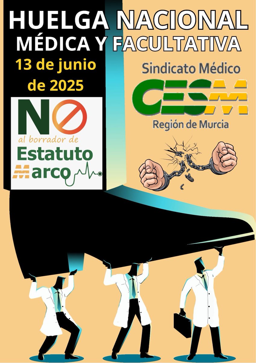 La #profesiónmédica de la #RegiónDeMurcia dice #NoAlBorradorEstatutoMarco❌el 1⃣3⃣de junio en #HuelgaMédicaYFacultativa nacional convocada por <a href="/cesm_sindicatos/">CESM</a> <a href="/smandaluz/">Sindicato Médico Andaluz</a>