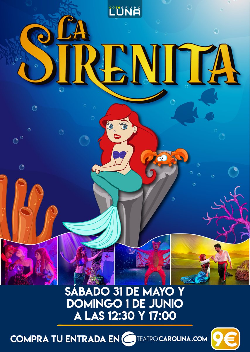 Este fin de semana: LA SIRENITA. 

📆Sábado 31 y Domingo 1 de Junio a las 12:30 y 17:00 h.

🏠Teatro Carolina

💶9€

🎫teatrocarolina.com/lasirenita/

#planesconniños #ocio #familia #teatro #cultura #valencia #grupoluna #teatrocarolina #teatroinfantil #lasirenita #teatromusical #actor