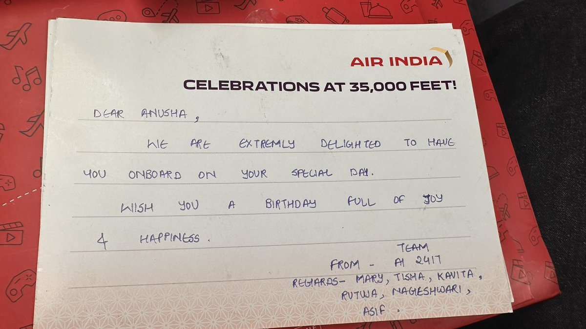 Anoonag's tweet photo. Thank you for the gesture @airindia flight - AI2417 for the special celebration of my birthday at 35000 altitude. 

Thank you for the crew members led by Mary Kitty and the members Nageswari Thapa, Rutuja Giakwad, Kavitha Amin, Tisha Gupta, Asif Syed. https://t.co/UfZpFSafjC