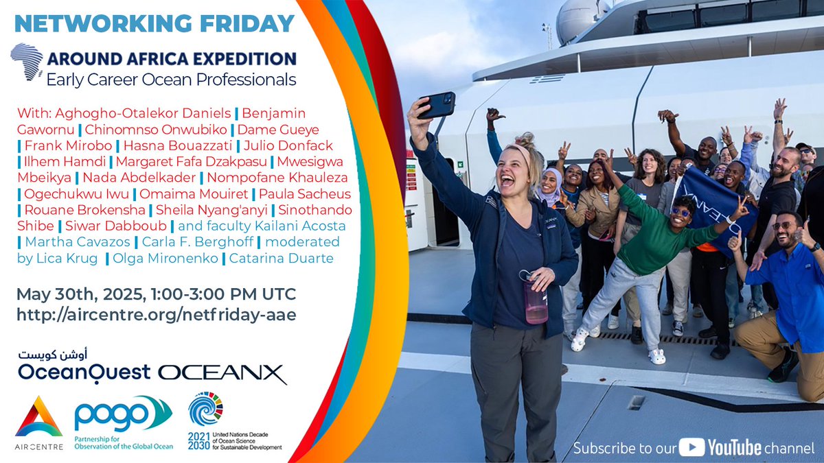 🌍 REMINDER: THIS FRIDAY! Special Networking Friday celebrating #ECOPs from the #AroundAfricaExpedition!
🗓️ May 30 | 1-3 PM UTC 
🎯 19 African ocean scientists sharing insights
🌊 Connect with future marine science leaders
🔗Register: aircent.re/3ZBHQsW
#OceanScience #ECOPs