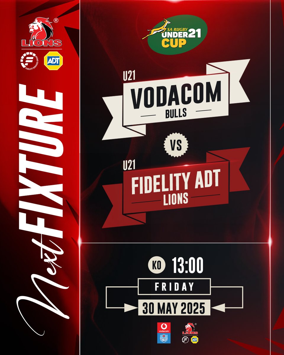 Jukskei Derby incoming…
 
Our Fidelity ADT Lions U21 side heads to Loftus B-Field this Friday for a big SA Rugby U21 Cup clash against the Vodacom Bulls U21.
  
 🆚 Vodacom Bulls U21
🗓: Fri, 30 May
⏰: 13:00

#LionsPride🦁