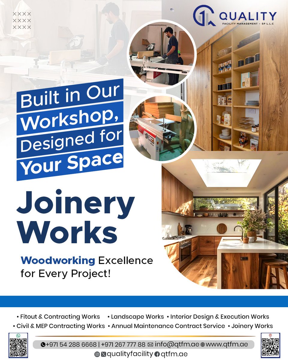 quality_facilit's tweet image. Built in Our Workshop, Designed for Your Space!
At Quality Facility Management, we turn wood into timeless expressions of your vision

 For More details
☎️ +971 26777788  +971 542886668
🌐 qtfm.ae
 ✉️ info@qtfm.ae

#QTFM #QualityFacilityManagement #JoineryWorkshop