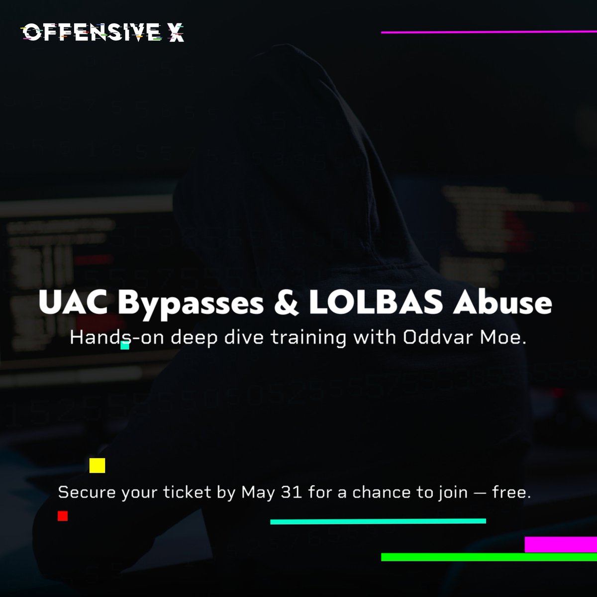 Offensive X (@theoffensivex) on Twitter photo OffensiveX 2025 is getting close. If you’ve got a ticket—or grab one by May 31—you’re in the running to attend <a href="/Oddvarmoe/">Oddvar Moe</a> 's training for free.
No forms. No signups. Just be in.
UAC bypasses, LOLBAS abuse, real tactics from one of the best in Windows security. OffensiveX 2025 is getting close. If you’ve got a ticket—or grab one by May 31—you’re in the running to attend <a href="/Oddvarmoe/">Oddvar Moe</a> 's training for free.
No forms. No signups. Just be in.
UAC bypasses, LOLBAS abuse, real tactics from one of the best in Windows security.
