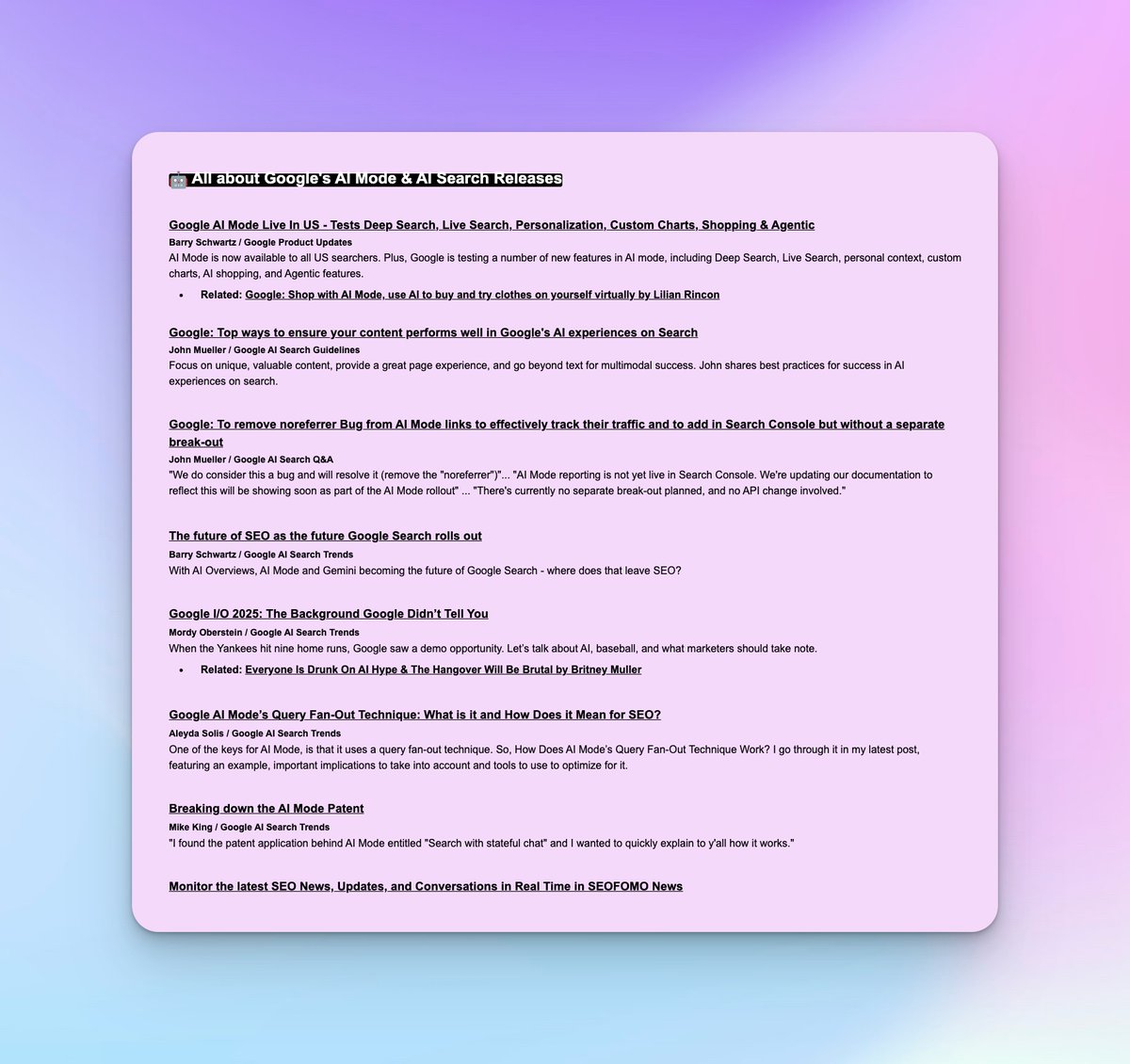 🤖 All about Google's AI Mode &amp; AI Search Releases with today's special edition of #SEOFOMO, going through 👇

* Google AI Mode Live In US - Tests Deep Search, Live Search, Personalization, Custom Charts, Shopping &amp; Agentic
* Google I/O 2025: The Background Google Didn’t Tell You