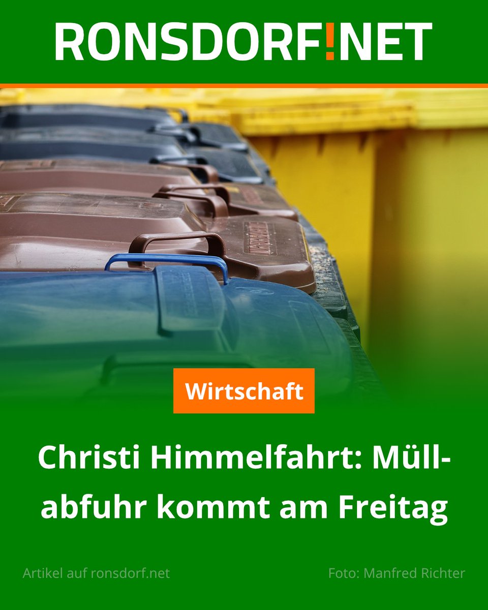 Wegen des Feiertags am Donnerstag werden in Ronsdorf die Mülltonnen erst einen Tag später entleert.

Zum Artikel geht es hier:
ronsdorf.link/mtdf1

#Wuppertal #Ronsdorf #Hochbarmen #Müllabfuhr #Müll #Abfall #Abfallwirtschaftsgesellschaft #ChristiHimmeltag #Feiertag