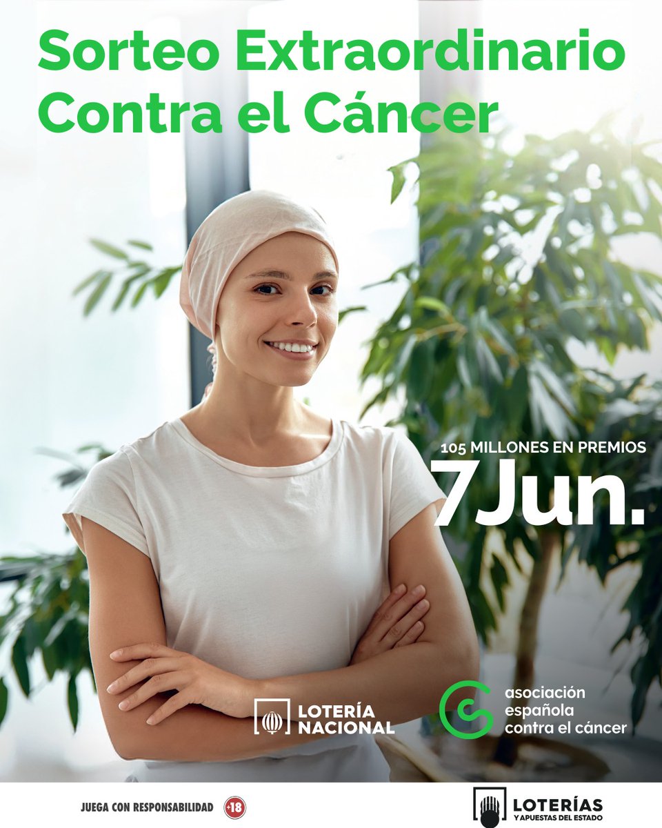 El 7 de junio es el sorteo extraordinario de Lotería a favor de la Asociación Española Contra el Cáncer Con tu décimo estarás ayudando a mejorar la vida de las personas con cáncer, apostando por la atención, el apoyo y el acompañamiento, e impulsando la investigación oncológica.