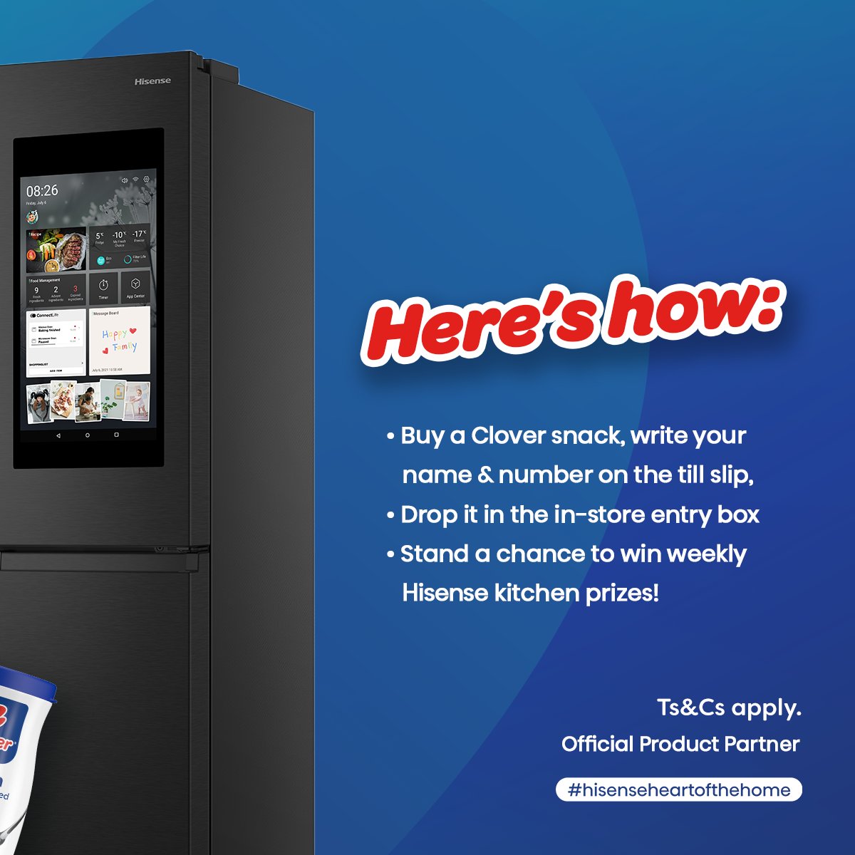 HisenseSA's tweet photo. 🧊 Need a New Fridge to Keep Your Snacks Chilled? 🥄
Hisense & Clover have you covered!

We’re giving you the chance to WIN a brand-new Hisense Fridge — because your snacks deserve first-class storage. 🍦🍧🧃

How to enter? Easy as 1, 2, snack!
🛒 Buy any Clover Snack — yoghurts, custards, dessert cups or Sip Up drinks.
🖊️ Write your name on the till slip.
📮 Drop it into the competition box in-store.

That’s it! 🎉
You could walk away with weekly Hisense kitchen prizes! 💚💙

T’s & C’s apply. Click here for more info: https://t.co/h8492x8v5t

#HisenseZA #HisenseSA #Technology #Quality #Hisense #HisenseXClover #SnackAndWin #HisenseFridgeGiveaway #CloverSnacks #KitchenGoals #HisenseSA
