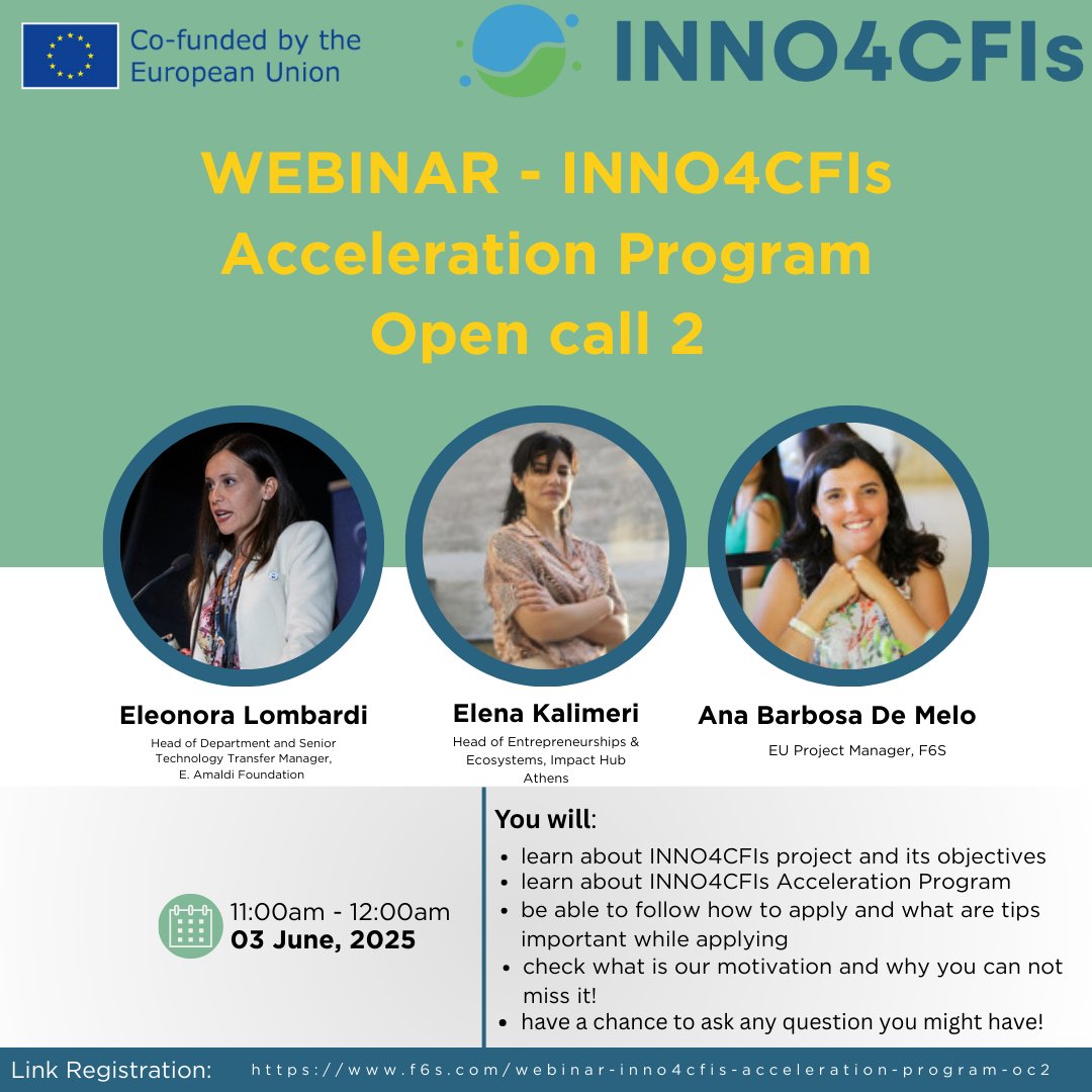 🎙 Meet the experts behind the INNO4CFIs Acceleration Program!
Join our webinar on June 3rd to hear from Eleonora Lombardi, Elena Kalimeri &amp; Ana Barbosa De Melo on how to apply &amp; make the most of this EU-funded opportunity.
🔗 f6s.com/webinar-inno4c…
#CarbonFarming #I3instrument