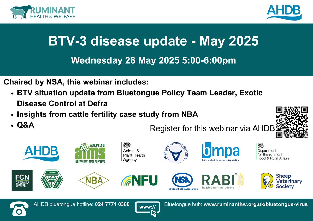 APHA (@aphagovuk) on Twitter photo The next #BattleBluetongue webinar - powered by @theAHDB will give latest #BTV3 situation updates & insights from a farmer case study on cattle fertility - followed by a live Q&A session at the end.
đź”— bit.ly/4k42FWa
ℹ️ 28/05/2025, 5-6 pm
<a href="/ruminanthw/">Ruminant Health & Welfare</a> The next #BattleBluetongue webinar - powered by @theAHDB will give latest #BTV3 situation updates & insights from a farmer case study on cattle fertility - followed by a live Q&A session at the end.
đź”— bit.ly/4k42FWa
ℹ️ 28/05/2025, 5-6 pm
<a href="/ruminanthw/">Ruminant Health & Welfare</a>