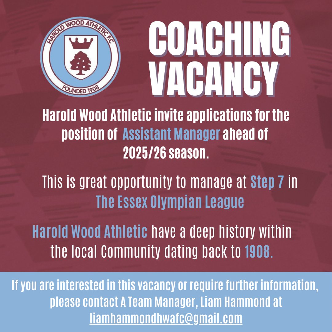Harold Wood Athletic 'A' Team 🪵 (@hwafc_ateam) on Twitter photo We are seeking to add a new Coach to the existing Management team for the 25/26 season.
This is great opportunity to coach at step 7 in The Essex Olympian League.
haroldwoodathleticfc.com/news/coaching-…
<a href="/HaroldWoodafc1/">HWAFC</a> <a href="/FreeAgentsFC/">Free Agent Showcase</a> <a href="/EssexCountyFA/">Essex County FA</a> We are seeking to add a new Coach to the existing Management team for the 25/26 season.
This is great opportunity to coach at step 7 in The Essex Olympian League.
haroldwoodathleticfc.com/news/coaching-…
<a href="/HaroldWoodafc1/">HWAFC</a> <a href="/FreeAgentsFC/">Free Agent Showcase</a> <a href="/EssexCountyFA/">Essex County FA</a>
