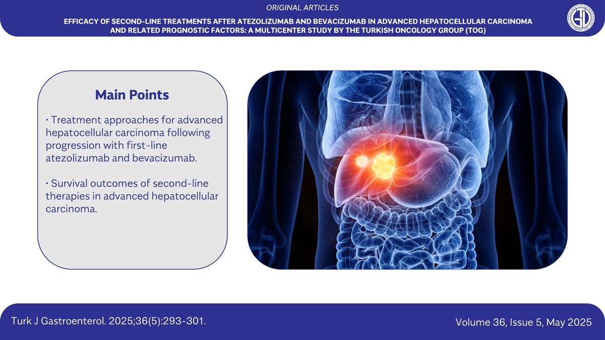 📢 Featured in the May 2025 issue 🧪

This multicenter study conducted by the Turkish Oncology Group evaluates the efficacy of second-line treatments after atezolizumab and bevacizumab in advanced hepatocellular carcinoma (HCC). It also highlights key prognostic factors