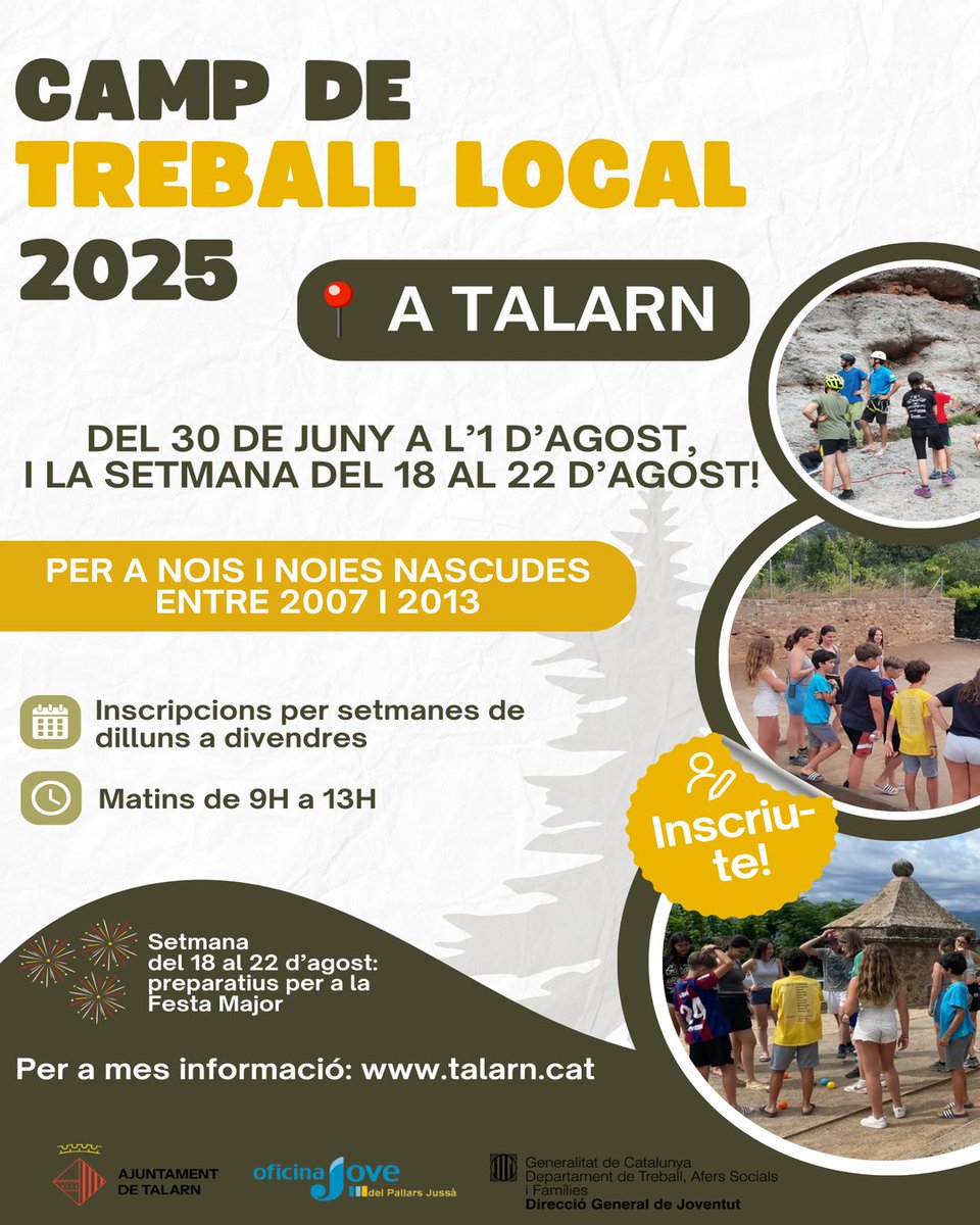 Torna el Camp de Treball Local de Talarn, del 30 de juny al 1 d’agost!

Tens entre 12 a 18 anys?

📲 Inscripcions obertes fins al 24 de juny! Tota la informació a talarn.cat.
📞 Si vols més info, consulta el programa o truca a l’Ajuntament.