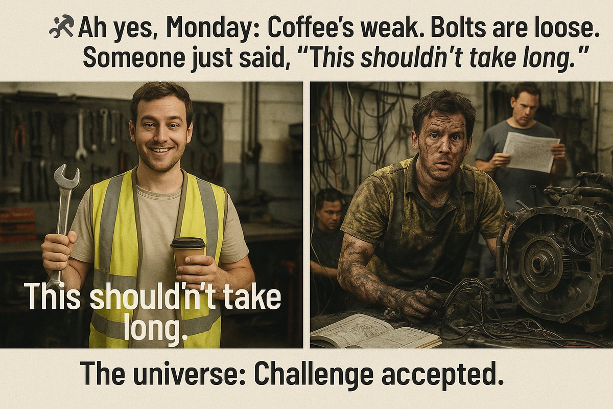 PRVEngineering's tweet photo. Ah yes, Monday — when the coffee’s weak, the bolts are loose, and someone already said ‘this shouldn’t take long’ out loud. ☕🔩
#WorkshopWisdom #ProductionChaos #EngineeringHumour #ManufacturingLife #HappyMonday https://t.co/55rTQkQOsk