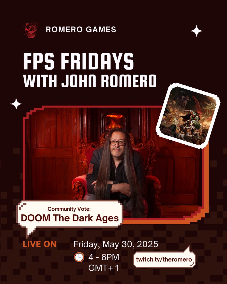 romero's tweet image. Coming up this week on #FPSFridays, our community voted for DOOM: The Dark Ages. Join us Friday twitch.tv/theromero! To vote on the next game, join our Discord. discord.com/invite/romero