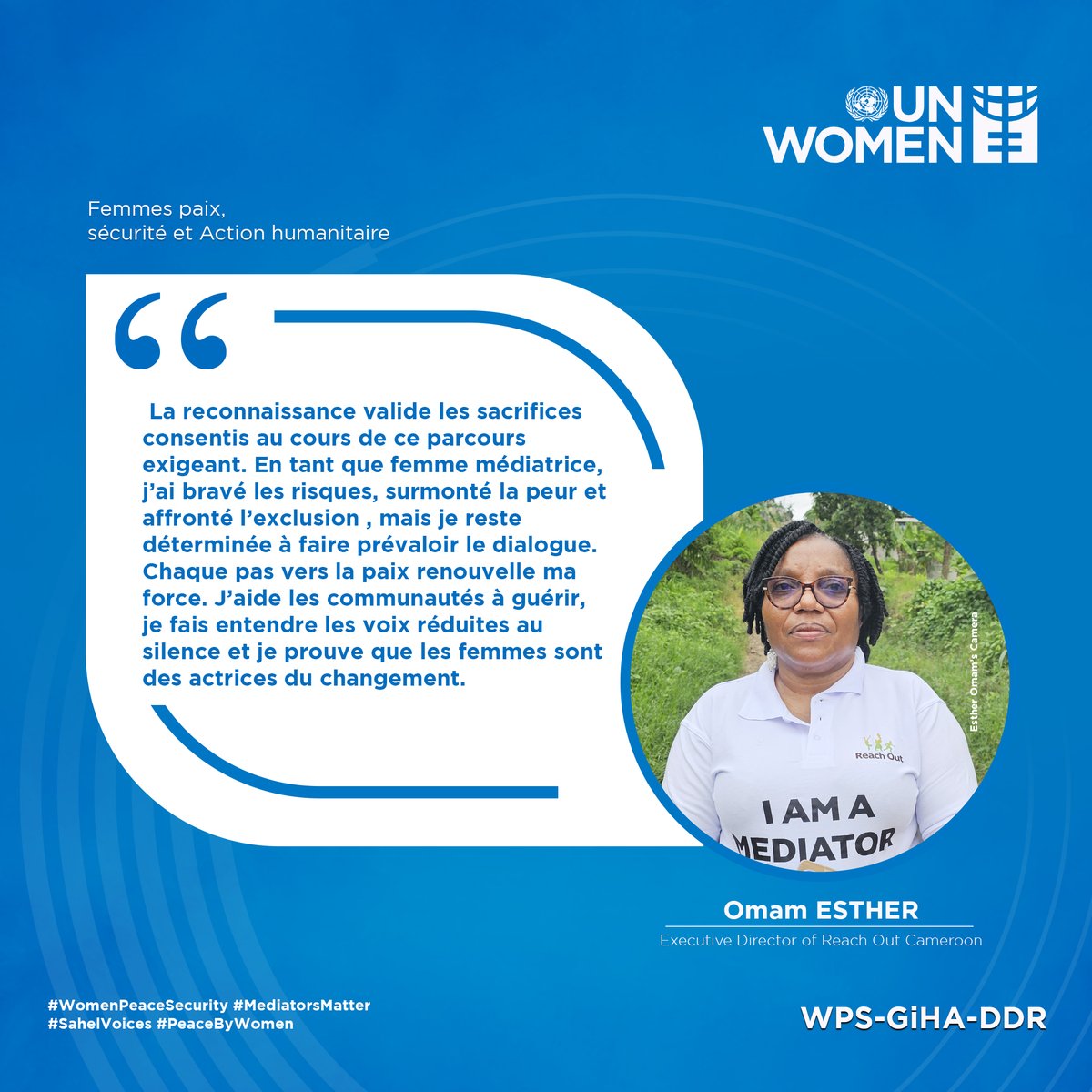unwomenafrica's tweet photo. « Je fais entendre les voix réduites au silence. »
Omam Esther, médiatrice de paix au Cameroun, incarne le courage, la résilience et l’engagement des femmes pour guérir les communautés et bâtir la paix.
#WomenPeaceSecurity #MediatorsMatter #PeaceByWomen #UNWomen https://t.co/Tt5KSduyTv