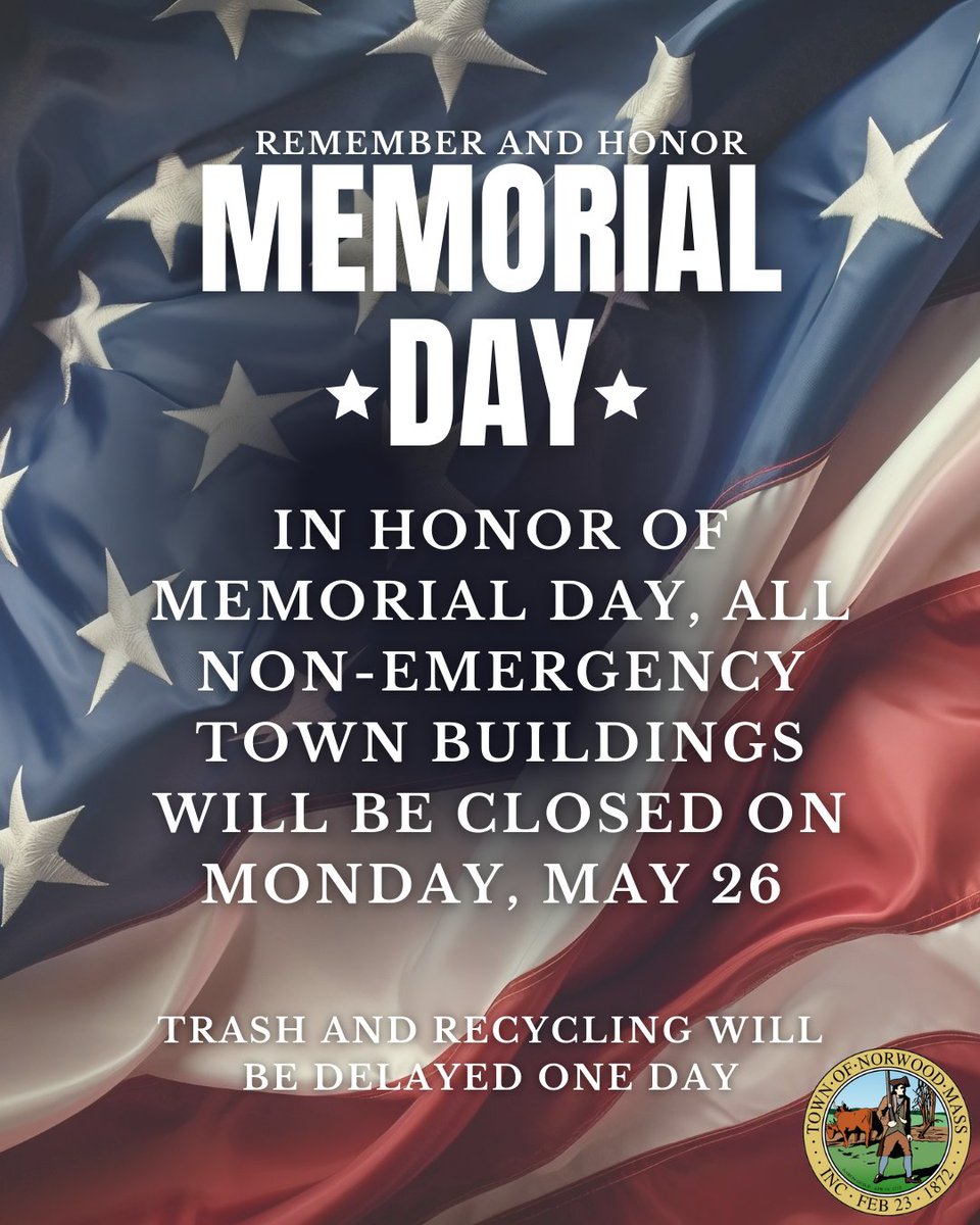 In honor of today's holiday, Memorial Day, all non-emergency Norwood buildings will be closed today, Monday May 26th and will reopen for normal business hours, Tuesday, May 27th.

*Trash and recycling will be delayed one day this week*