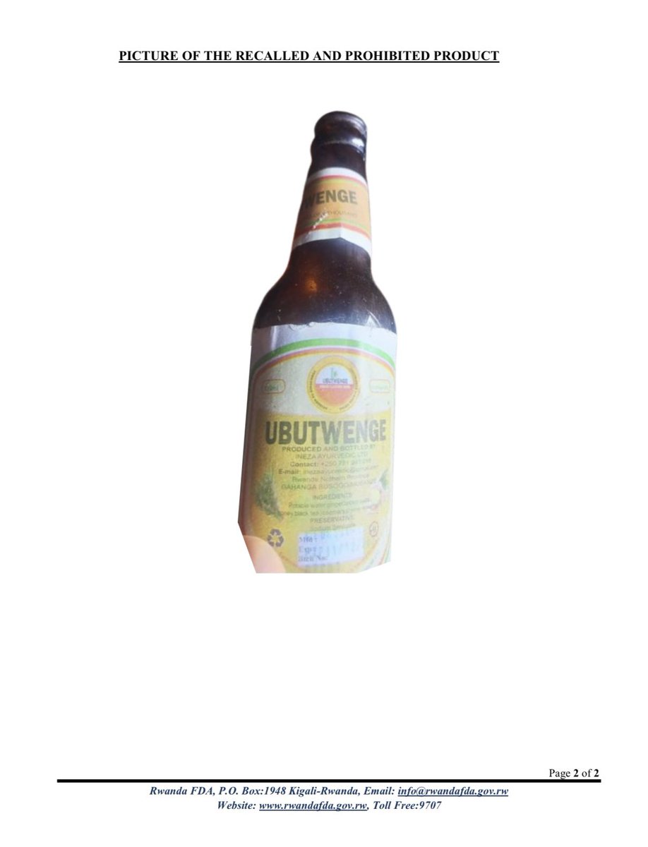 🚨🔊Rwanda FDA iramenyesha abaturarwanda bose ko yakuye ku isoko inzoga yitwa UBUTWENGE, yakorwaga mu buryo butemewe, kandi ikaba itujuje ibipimo by'ubuziranenge. 
_________

🚨🔊Rwanda FDA informs the public that the alcoholic drink UBUTWENGE (Ginger-Flavoured), illegally