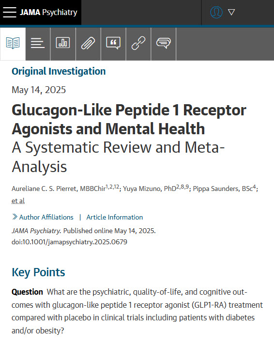 JAMA Psychiatry (@jamapsych) on Twitter photo Most viewed this week from <a href="/JAMAPsych/">JAMA Psychiatry</a>:
GLP1-RA treatment for obesity and diabetes does not increase psychiatric adverse events compared to placebo and is linked to improvements in quality of life, emotional eating, and mental well-being.
ja.ma/3ZrUPNJ Most viewed this week from <a href="/JAMAPsych/">JAMA Psychiatry</a>:
GLP1-RA treatment for obesity and diabetes does not increase psychiatric adverse events compared to placebo and is linked to improvements in quality of life, emotional eating, and mental well-being.
ja.ma/3ZrUPNJ