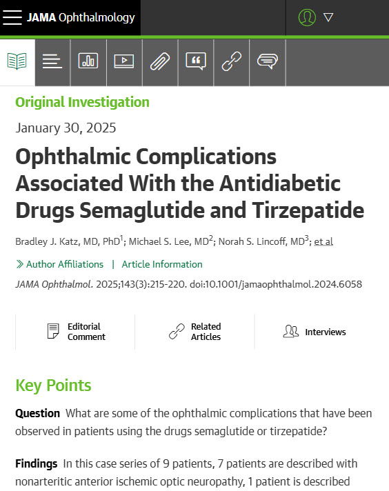 Most viewed this week from @JAMAophth: This retrospective case series reports ophthalmic complications, including nonarteritic ischemic anterior optic neuropathy and bilateral papillitis, in patients using semaglutide or tirzepatide. https://t.co ... Most viewed this week from @JAMAophth: This retrospective case series reports ophthalmic complications, including nonarteritic ischemic anterior optic neuropathy and bilateral papillitis, in patients using semaglutide or tirzepatide. https://t.co ...