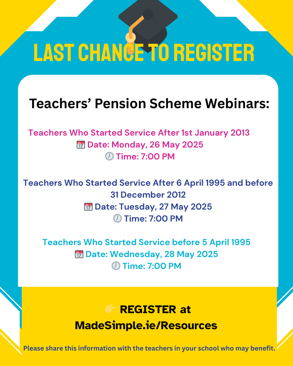 🎓Starting This Evening -

Our schedule of FREE online webinars tailored to help teachers navigate their pension options - Registration required!!

For full details on which pension scheme webinar suits you please visit madesimple.ie/resources/