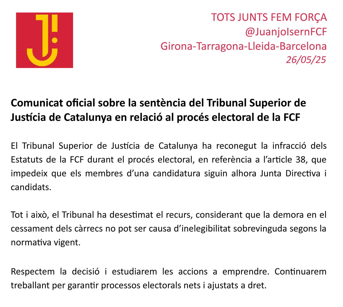 🔴 Comunicat oficial sobre la sentència del Tribunal Superior de Justícia de Catalunya en relació al procés electoral de la FCF

#futbolcat #futsalcat