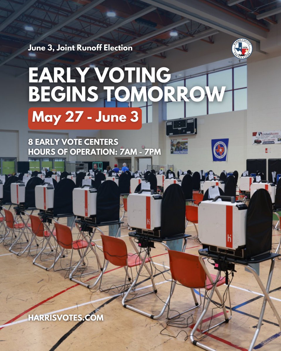 Early Voting begins TOMORROW for the June 7 Joint Runoff Election! 🗳️🗓️ From May 27 – June 3, visit any of the 8 early voting locations open across Harris County. If you live in Pasadena or the San Jacinto College District, check your sample ballot at: harrisvotes.com/Voter/Whats-on…  ✅