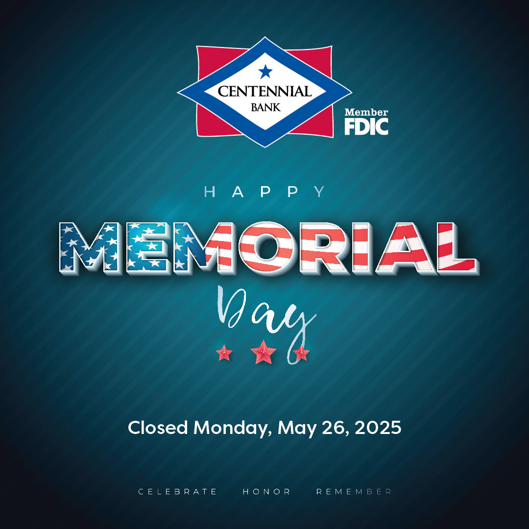 Centennial Bank (@my100bank) on Twitter photo Today, we pause to remember and honor the brave men and women who made the ultimate sacrifice for our country. 
Reminder: We will be closed today, Monday, May 26 in observance of Memorial Day. We will resume regular business hours tomorrow, Tuesday, May 27. Today, we pause to remember and honor the brave men and women who made the ultimate sacrifice for our country. 
Reminder: We will be closed today, Monday, May 26 in observance of Memorial Day. We will resume regular business hours tomorrow, Tuesday, May 27.