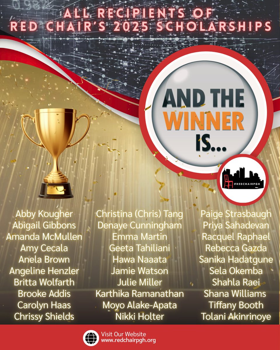 🎉 Big news! 30 amazing women in tech have been selected as this year’s RedChair Scholarship winners.

Huge thanks to our sponsors for making this our biggest year yet. Your support is changing lives.

#RedChairPGH #WomenInTech #ScholarshipWinners #ThankYouSponsors