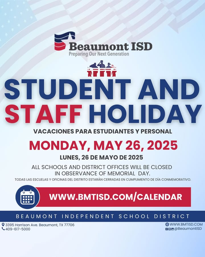 As a reminder, today is a student/staff holiday. All BISD schools and offices are closed and will resume normal operations tomorrow, Tuesday, May 27, 2025. Wishing you a peaceful and reflective Memorial Day. ❤️💙