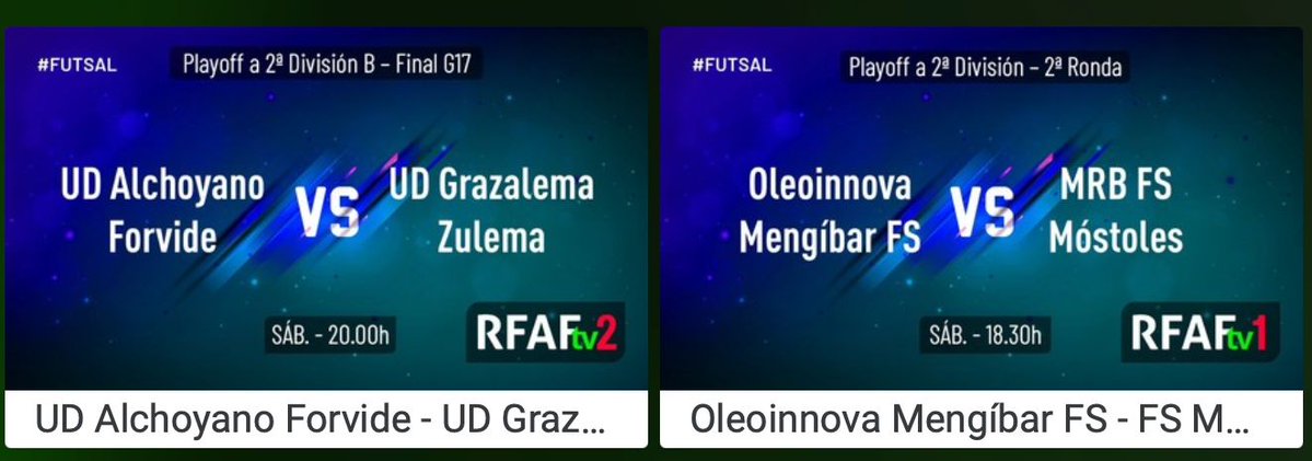 ⚡️Tarde de 𝙥𝙡𝙖𝙮𝙤𝙛𝙛𝙨 de ascenso a 2ª División y 2ª División B

📆Sábado 31 de mayo reservado para el Fútbol Sala⚽️🥅

🕡18:30
⚔️ <a href="/Mengibar_FS/">Oleoinnova Mengíbar FS</a> 🆚 <a href="/1mostolesfs/">MRB-FS Móstoles</a> 
🕗20:00
⚔️ <a href="/UD_ALCHOYANO/">U.D. Alchoyano</a> 🆚 <a href="/UDGrazalema/">U.D. GRAZALEMA</a> 

📺En directo en los canales 1⃣ y 2⃣ de RFAFtv

💟#FutsalRFAF