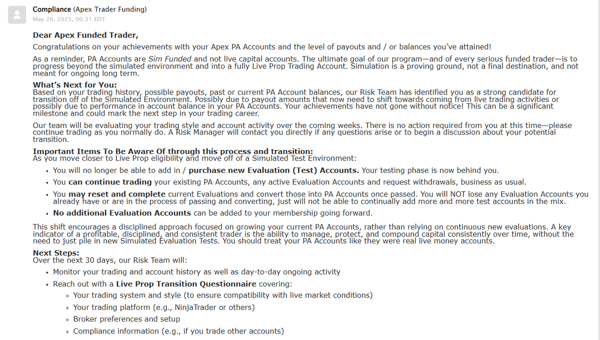 UncleBugatti (@unclebugatti) on Twitter photo I woke up seeing a shit ton of Apex Eval banned waiting on LIVE. I'm curious how they are picking people to go live? I also see people with total payouts $1k to people with $400k.
<a href="/MichaelPatak/">Michael Patak</a> Remember you were asking how many people are live on <a href="/ApexTradeFund/">ApexTraderFunding</a> a few weeks I woke up seeing a shit ton of Apex Eval banned waiting on LIVE. I'm curious how they are picking people to go live? I also see people with total payouts $1k to people with $400k.
<a href="/MichaelPatak/">Michael Patak</a> Remember you were asking how many people are live on <a href="/ApexTradeFund/">ApexTraderFunding</a> a few weeks
